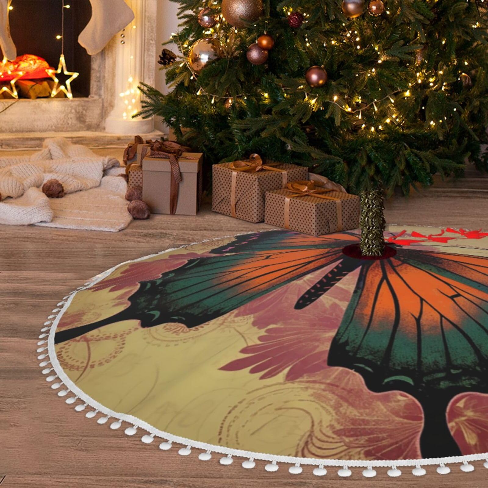 Jupe de sapin de Noël 91cm papillon vintage à pompons pour fête