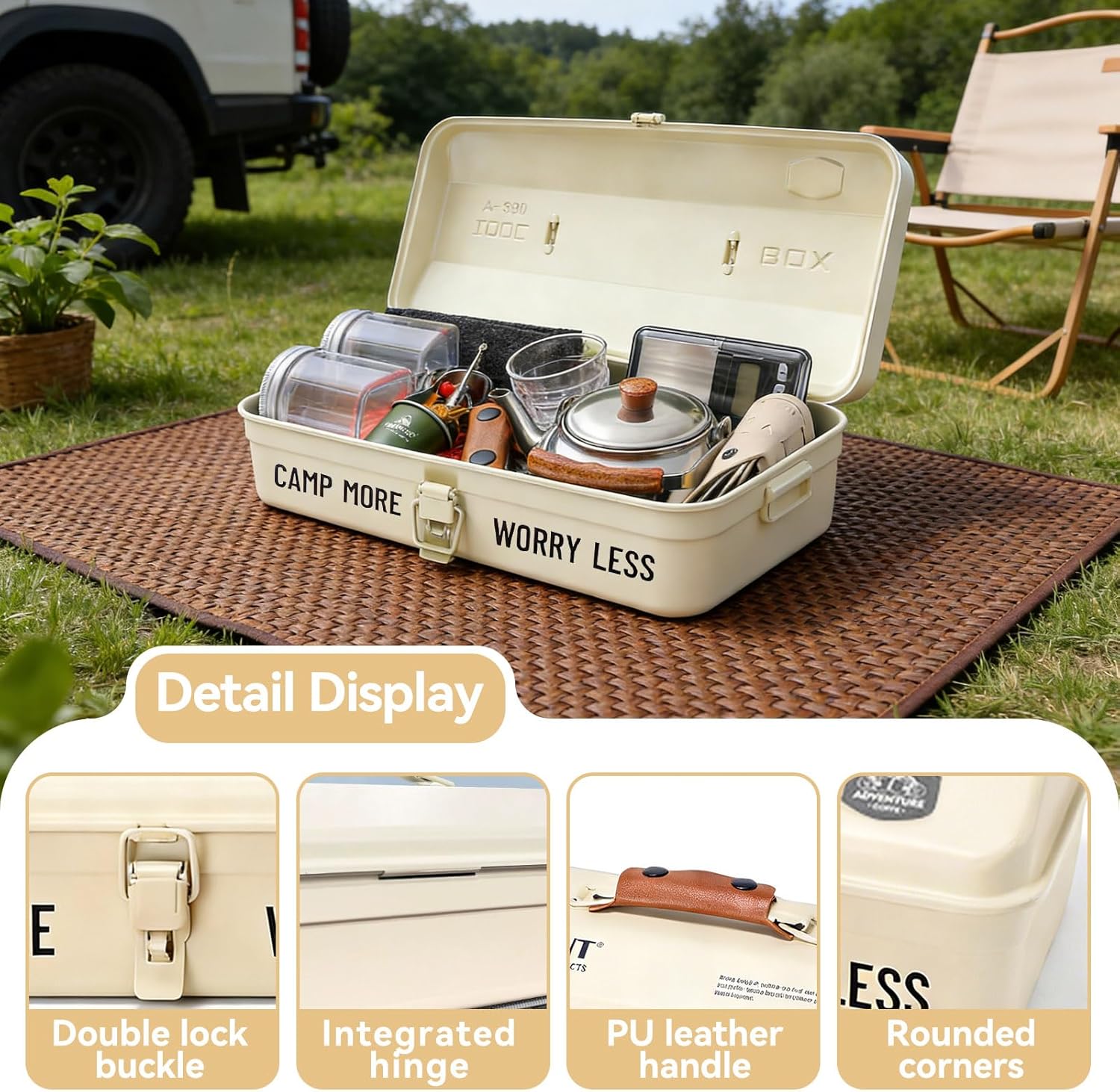 Outdoor Tools Storage Box, Metal Tool Box Portable Sturdy Camping Picnic Storage Box with Handle (White Without Wooden Board)