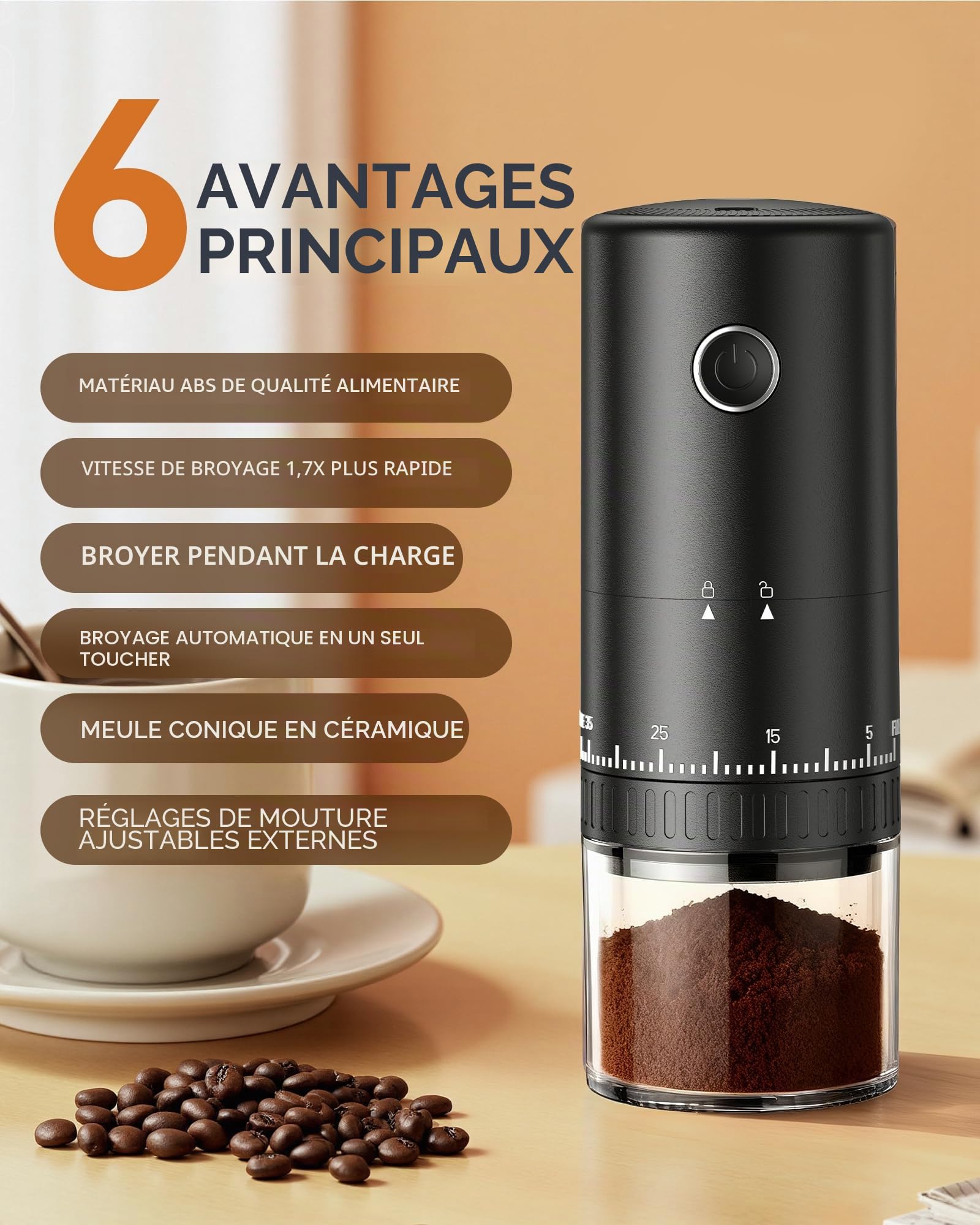 Moulin à café portable alimenté par piles avec 38 réglages réglables, moulin à café rechargeable sans fil silencieux pour voyage, camping, expresso, versement, etc