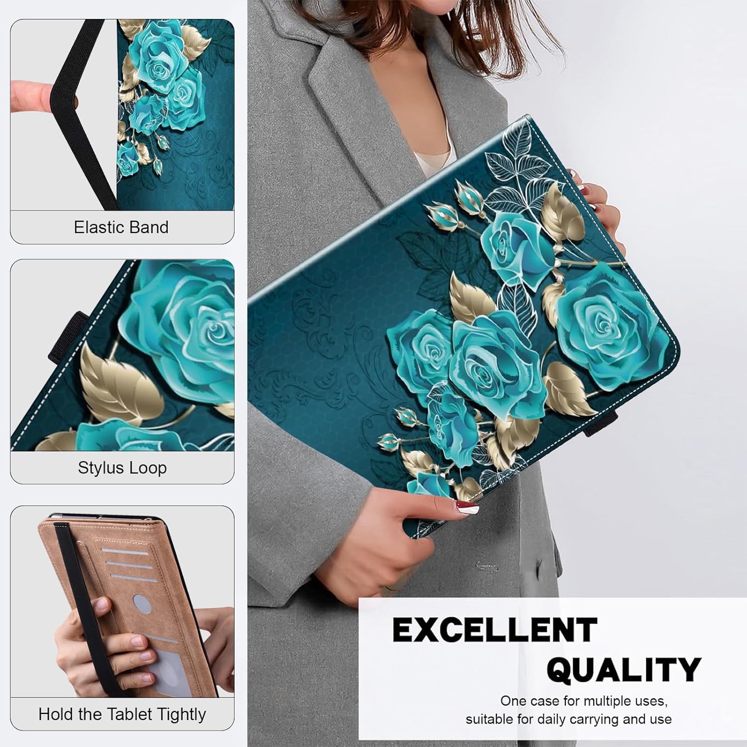ALILANG Case for Kindle Fire HD 10 & 10 Plus Tablet (13th/11th Generation, 2023/2021 Release) 10.1", Shockproof Folding Stand Cover for Amazon Fire Hd 10 Tablet Case-Blue Rose