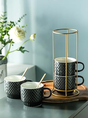 Miniatura 5 de LYEOBOH Coffee Mug Set with Stand and Spoons, 13 OZ Demitasse Cups Set Stackable Espresso Coffee Mugs Cappuccino Cup Set of 4 for Coffee, Latte,
