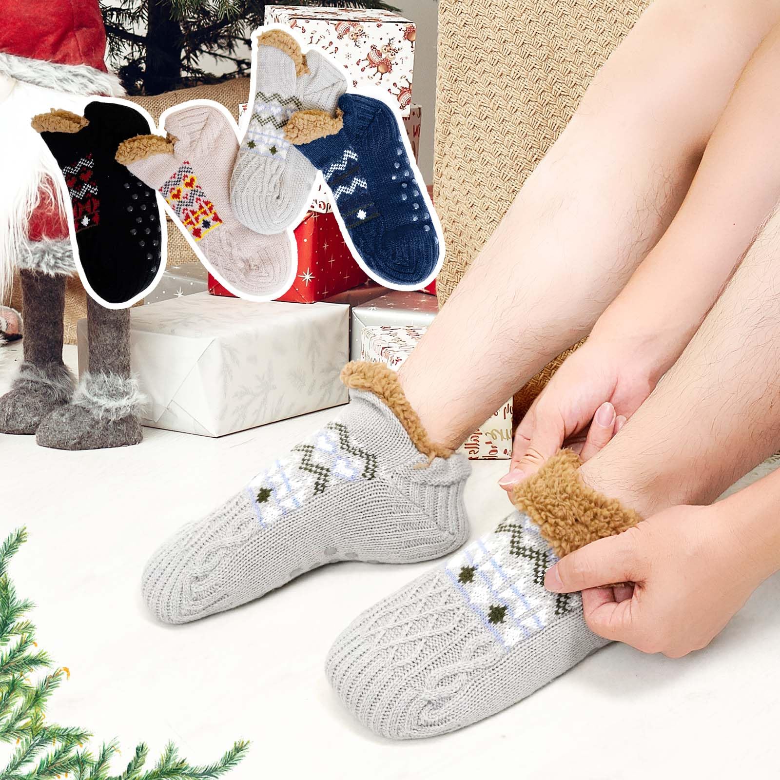PUTUO Calcetines Antideslizantes para Hombre de Invierno: Calcetín Termicos Hombre Cálidos Suaves Mullidos Calcetín Gruesos Calcetines Andar por Casa Gordos Térmicos 1 Pares 39-46