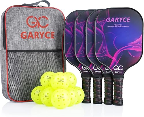 GARYCE Pickleball Paddles Set of 4, Pickleball Paddle with Fiberglass Face Pickleball Rackets Set of 9 Balls and 1 Pickleball Bag for Beginners to