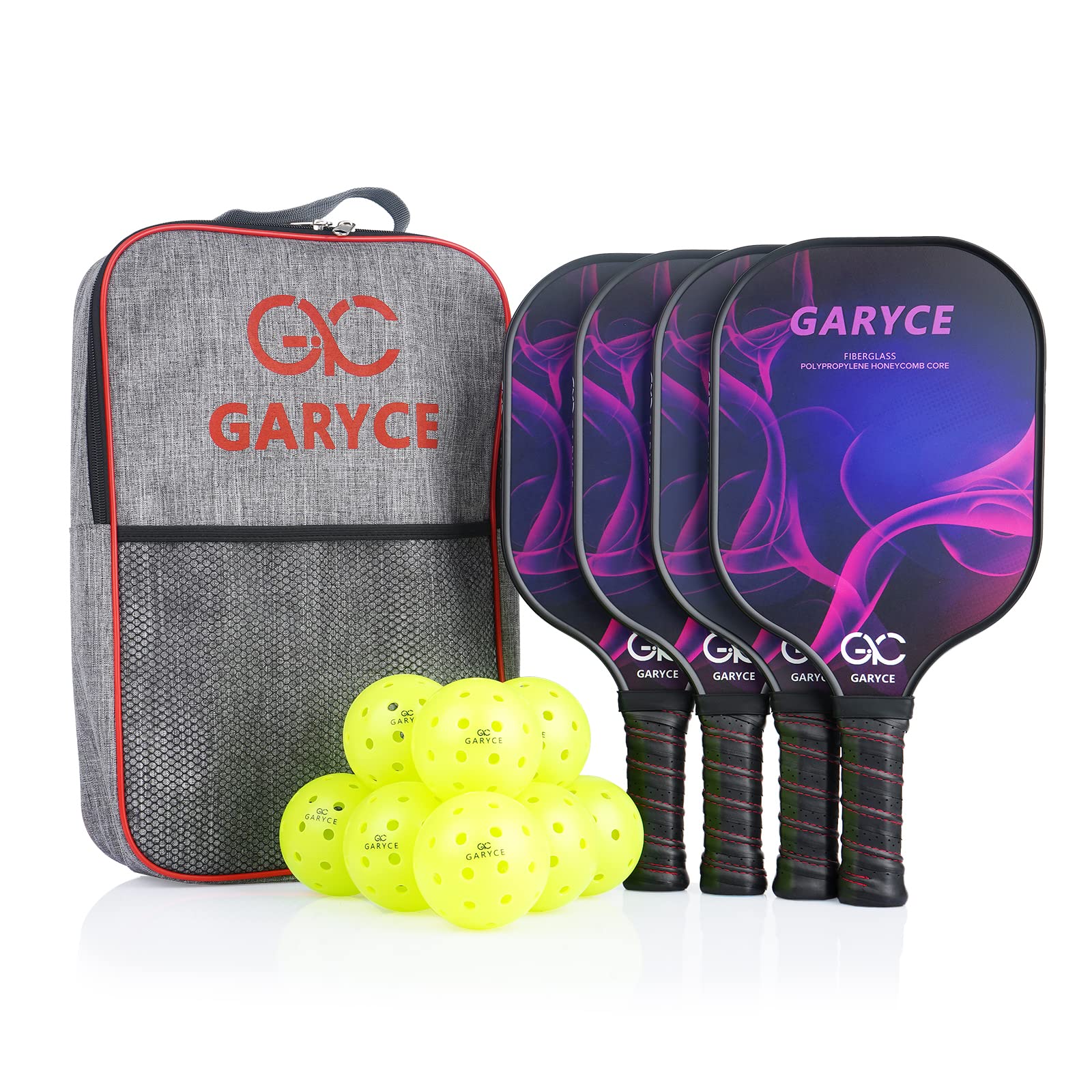 GARYCE Pickleball Paddles Set of 4, Pickleball Paddle with Fiberglass Face Pickleball Rackets Set of 9 Balls and 1 Pickleball Bag for Beginners to Professional