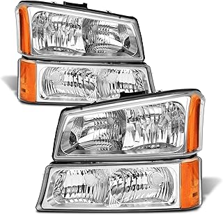 for 2003 2004 2005 2006 Chevy Silverado Headlight Assembly compatible with 03-06 Silverado Avalanche 1500/2500/3500 Clear Lens Chrome Housing Amber Reflector Headlamp Replacement Pair