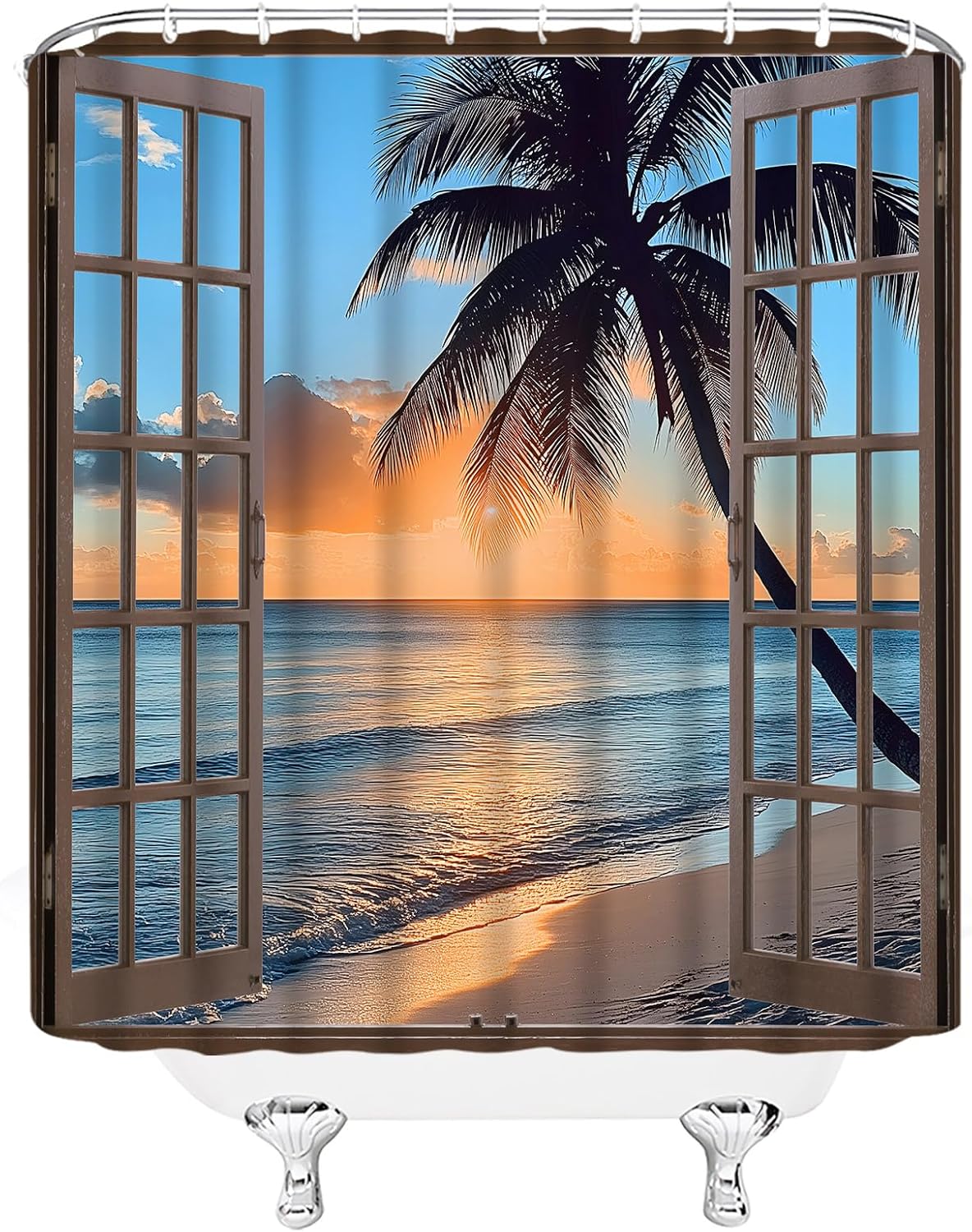 Beach Shower Curtain Tropical Outdoor Coastal Palm Tree Ocean Scenery Sunset Summer Seaside Hawaii Nature Brown Wooden Windows Sea View Fabric Bathroom Decor Set with Hooks(180" Wx70 H)