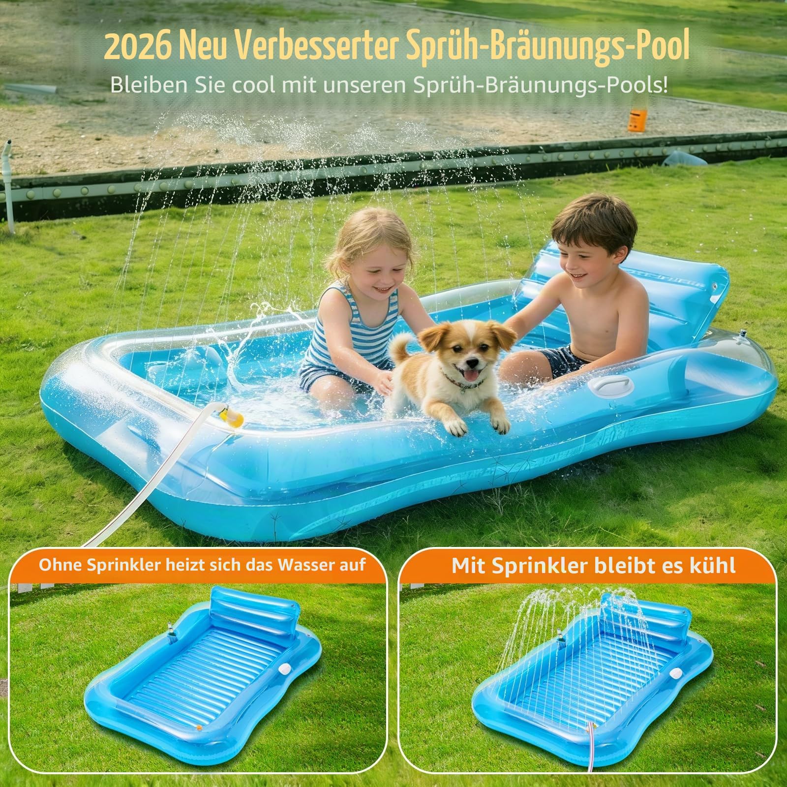 Aufblasbare Sonnenliege mit Sprinkler, Poolschwimmer für Erwachsene mit Kissen-Becherhalter, aufblasbares Sonnenbett, Sonnenbad-Raft, Floatie für Hinterhof, Pools, Strand, Sommer, Wasserparty