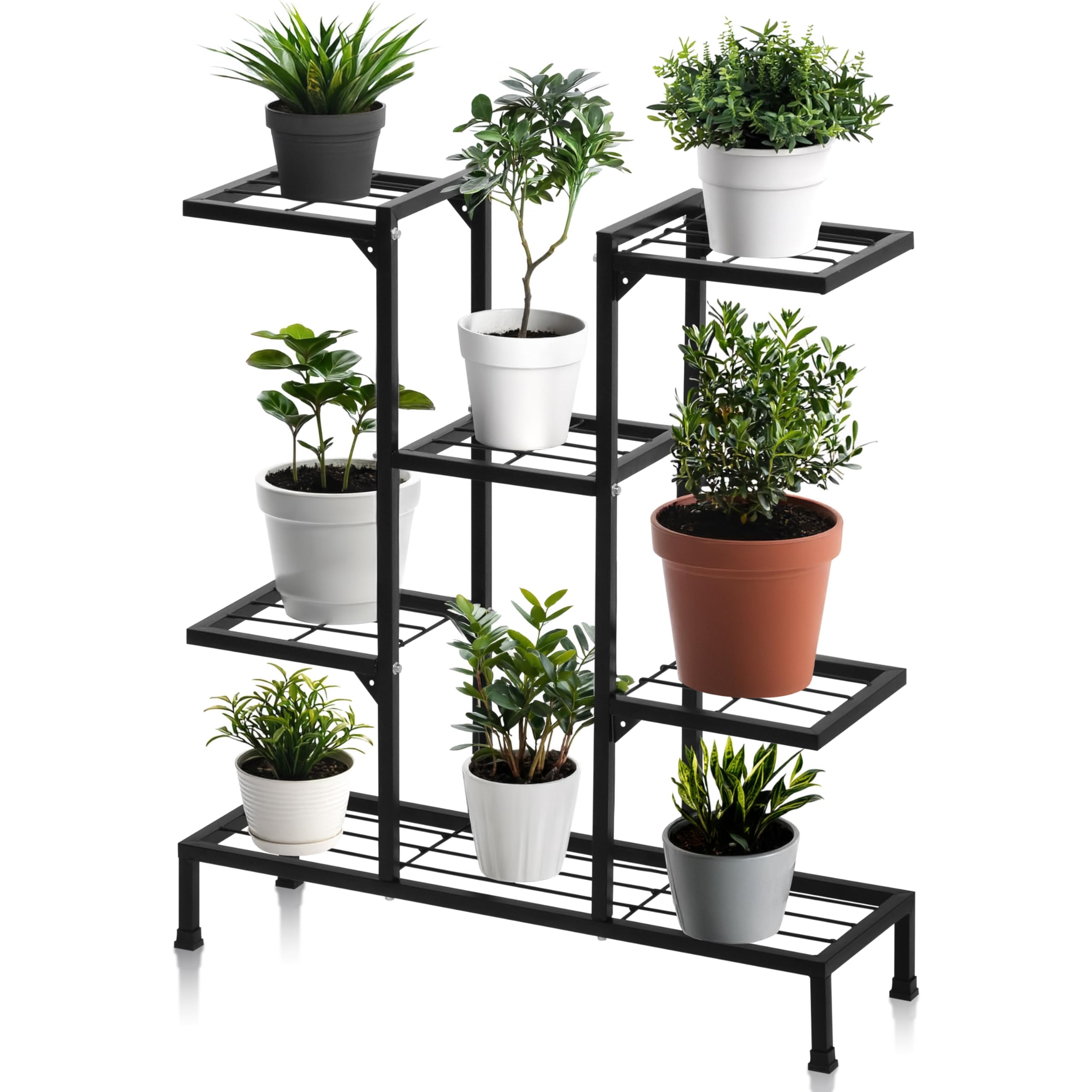 Livzing Heavy Duty Metal Plant Stand for Indoor & Outdoor Use | 8 Tier Multi-Level Flower Pot Stand | Powder Coated Rustproof Iron | 15 kg Load per Tray | Balcony, Living Room, Garden (Black)