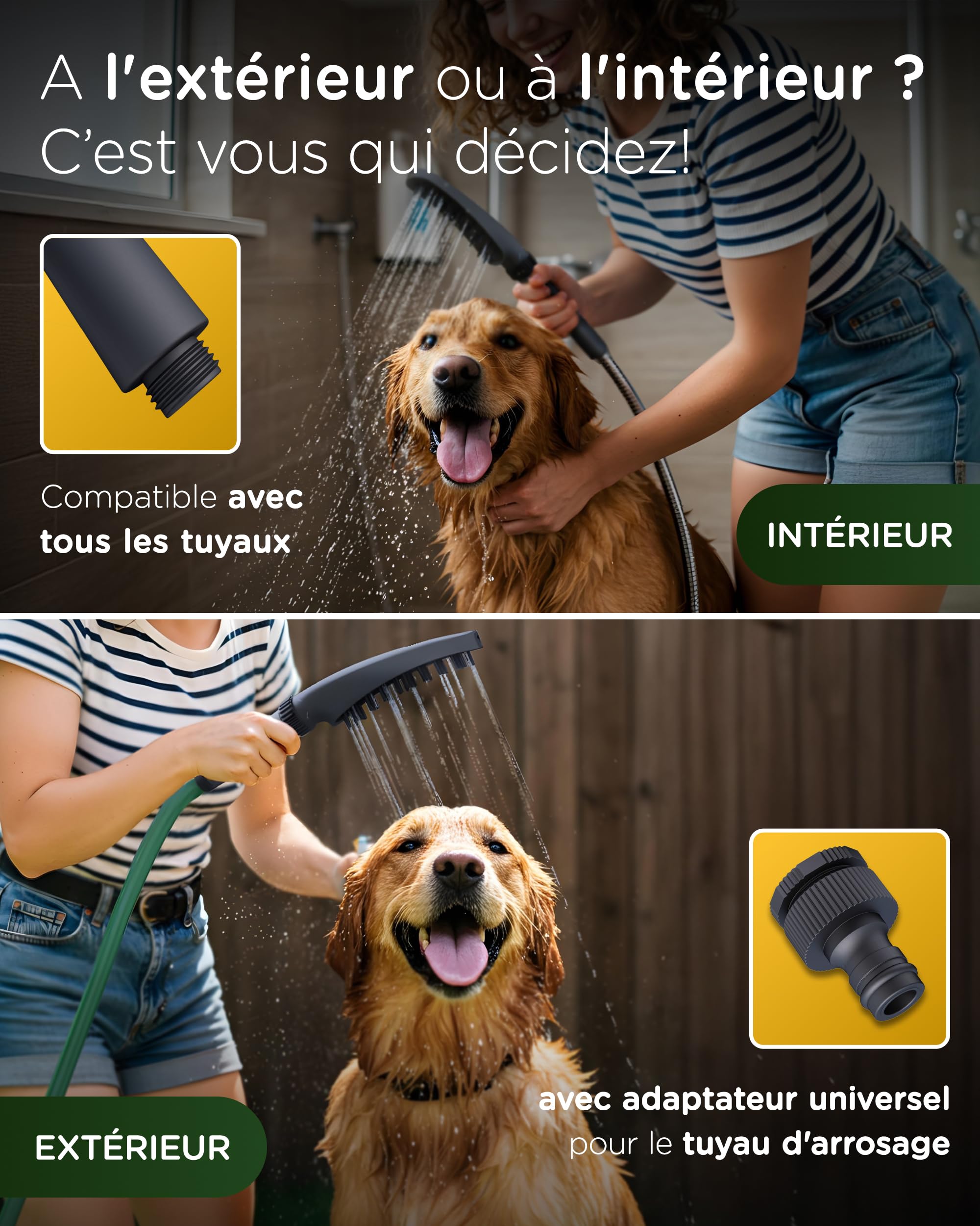 KUNTO® Pomme de douche pour chien avec 4 types de jets - Tête de douche en silicone et adaptateur pour tuyau d’arrosage