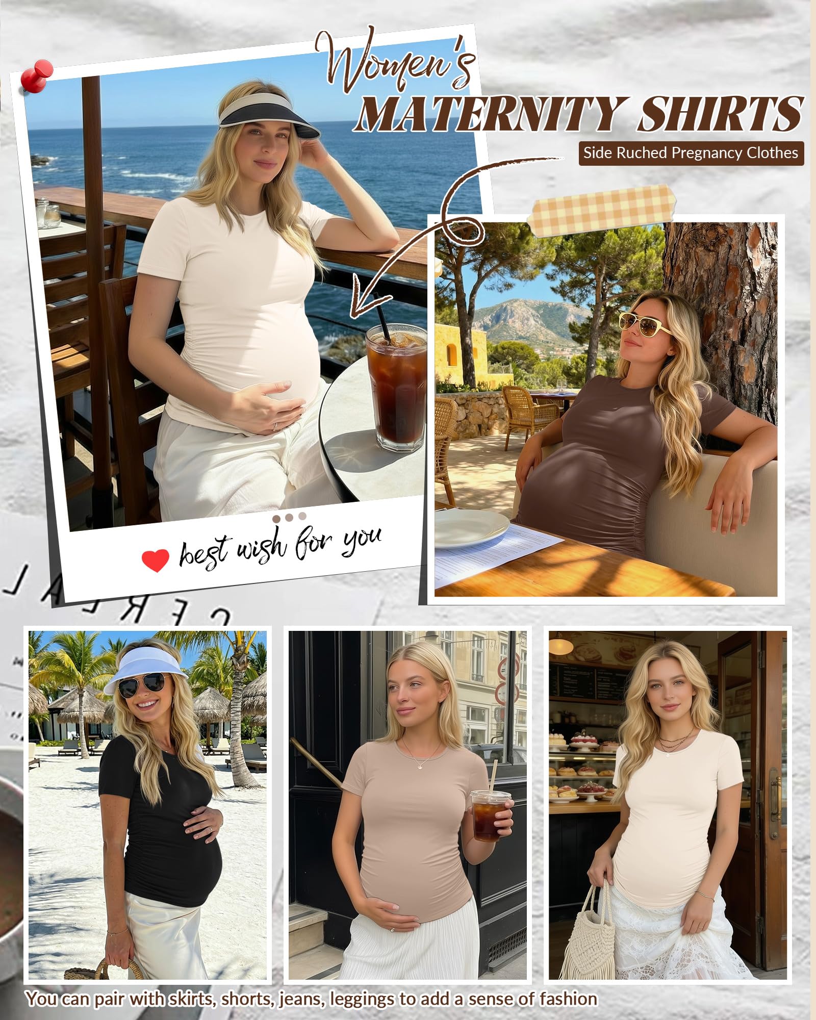 Geyoga Paquete de 4 Camisetas de Maternidad para Mujer De, Manga Corta, Cuello Redondo y Fruncido Lateral