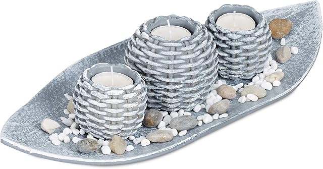 Relaxdays Decorative Candle Set, Tealight, Tray, Decorative Pebbles, Round Holders, Braided Design, 38.5 cm, Silver,10029939