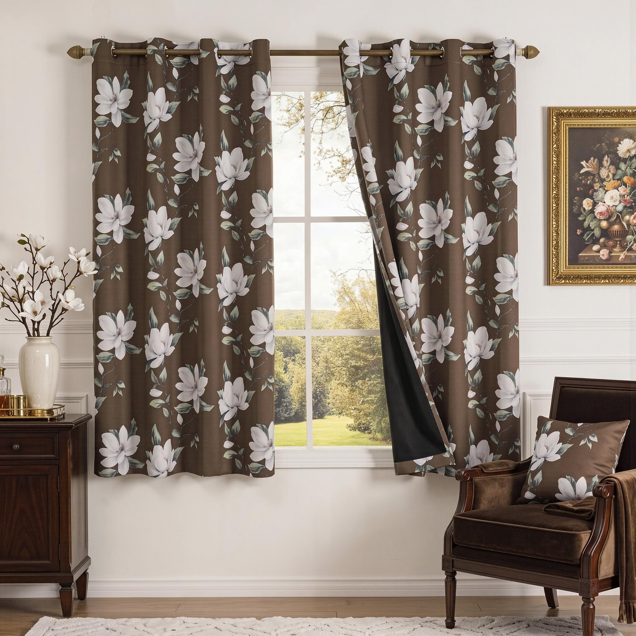 MYSKY HOME Floral 95% Blackout Curtains 54 Inch Long 2 Panels Set for Kitchen White Flower Printed Thermal Insulated Light Blocking Black Out Grommet Window Treatments, 52" W Each Panel, Brown