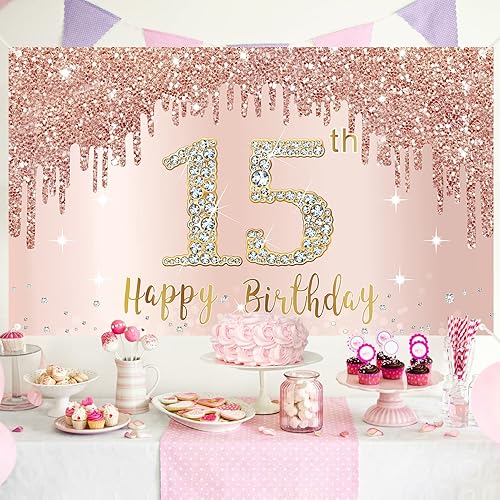 Miniatura 22 de Cartel de feliz cumpleaños número 100 para mujer, decoración de fondo de oro rosa para fiesta de cumpleaños número 100, póster rosa de cumpleaños
