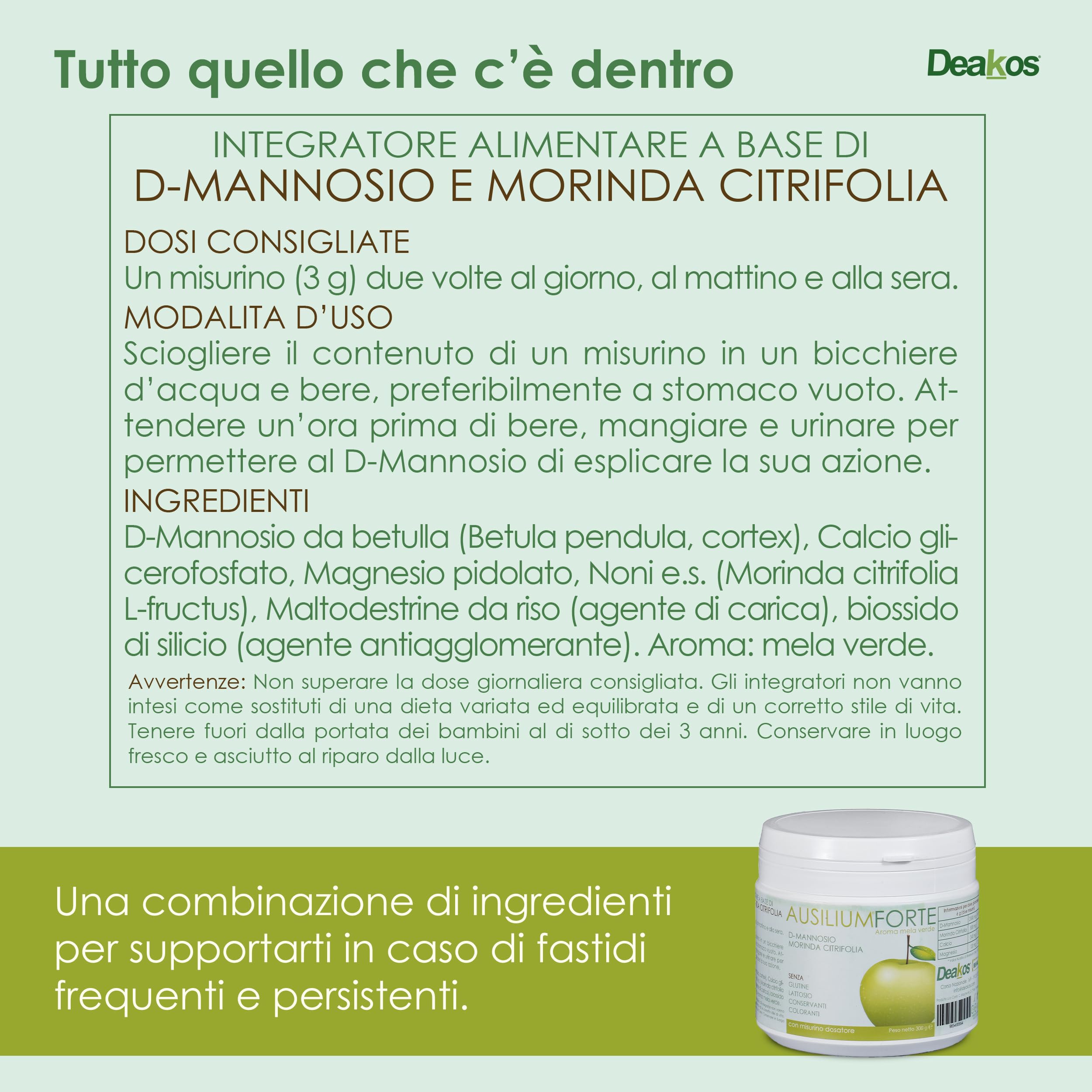 Deakos Ausilium Forte 300g - Integratore Cistite Donna e Benessere delle Vie Urinarie - In Polvere Gusto Mela Verde - A base di D Mannosio Puro e Morinda Citrifolia - Senza Glutine e Lattosio