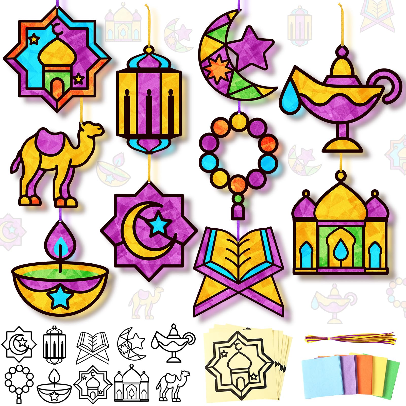 Eersida 32 Pcs Eid Suncatcher Craft Kit for Adults, Islamic Ramadan DIY Stained Glass Effect Paper Window Art Decorations for Party Favors Creative Art Projects