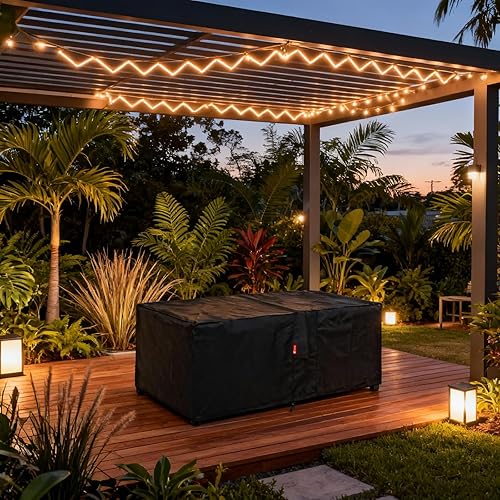 Miniatura 18 de SheeChung Funda rectangular para hoguera, se adapta a mesas de fuego de 44 a 48 pulgadas, para exteriores, impermeable, anti-rayos UV, 600D, funda