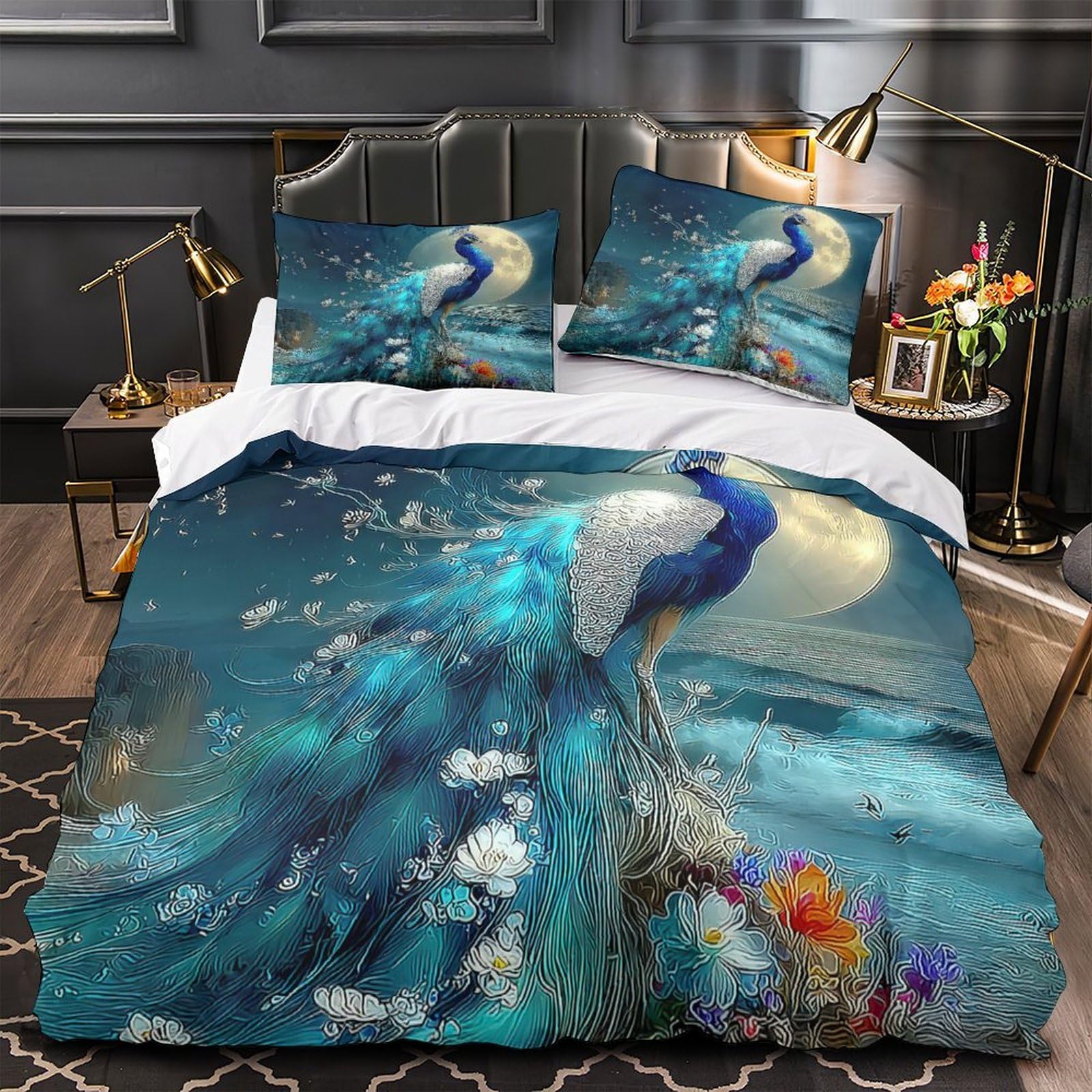 Parure de lit paon 3D drap microfibre hypoallergénique fermeture éclair 140x200