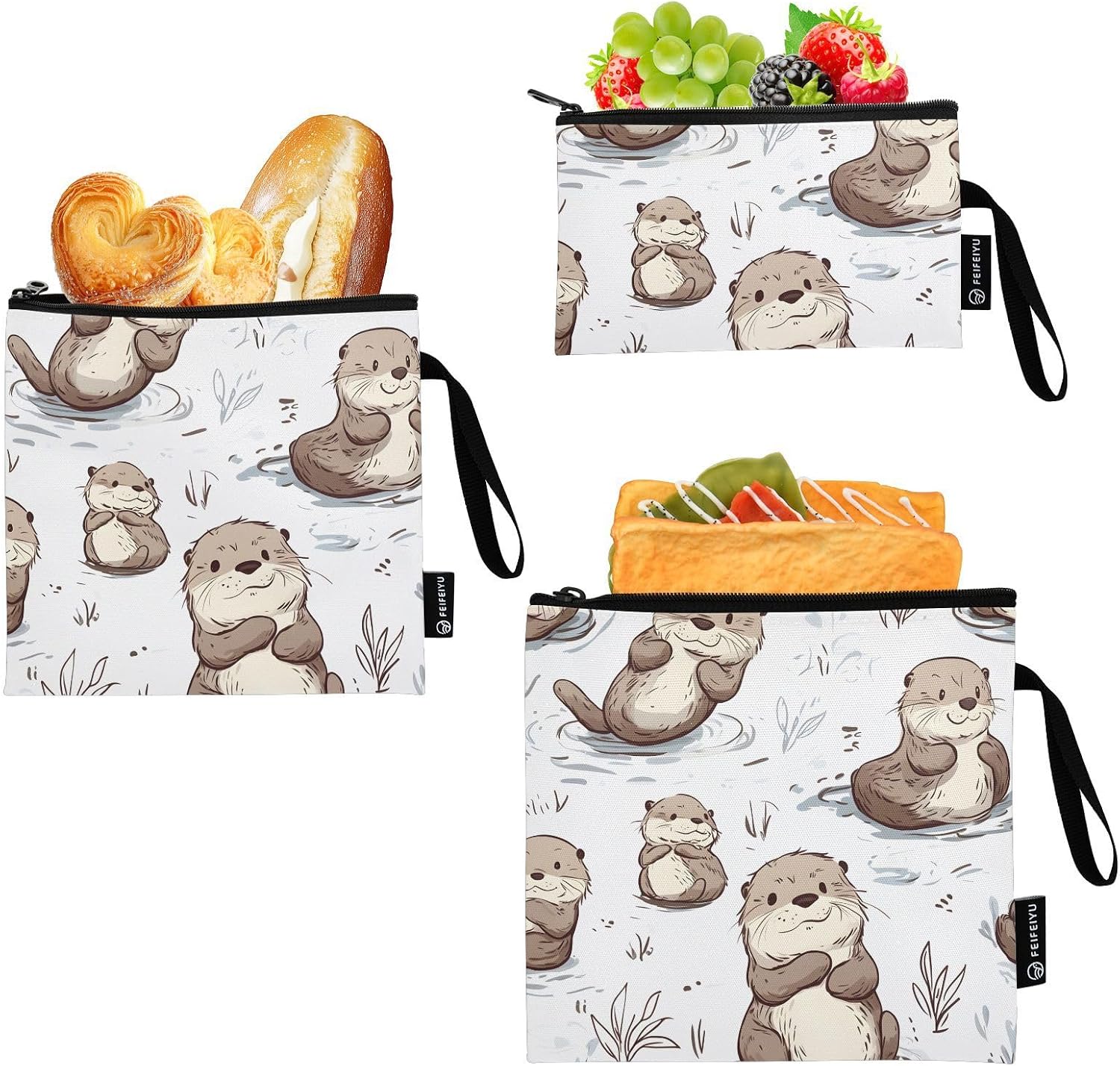 ODAWA Cute Otters White Reusable Snack Bags 3 Pcs Washable Food Safe Lunch Bags Snack Pouch for Travel