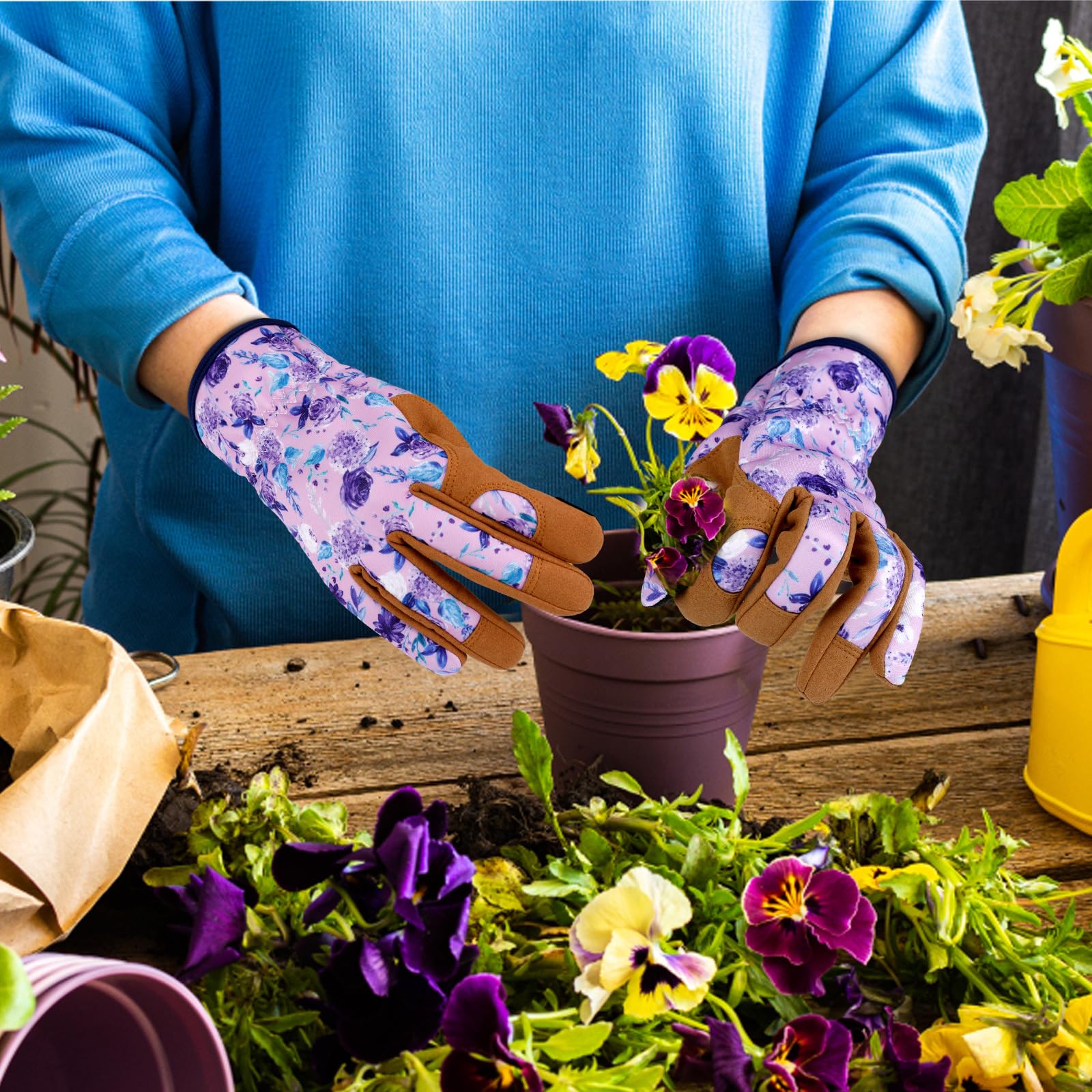 Guantes de jardinería de cuero para mujer, guantes de jardín a prueba de espinas, diseño de pantalla táctil, guantes de trabajo resistentes para plantar, cavar, podar, girasol negro