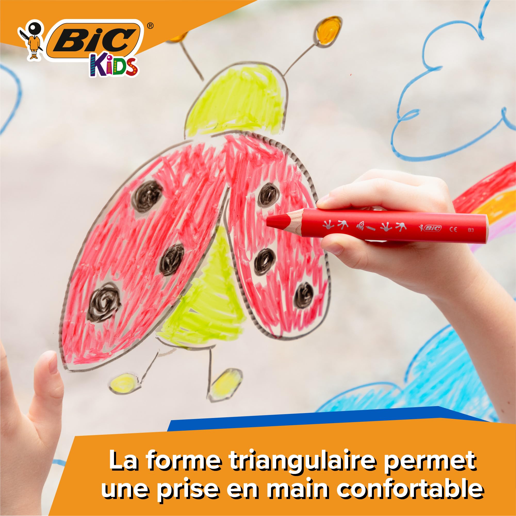 BIC Crayons de Couleur Multi-Surfaces & Usages (Ardoise, Tableau, Verre, Plastique, Bois.) - Etui carton de 10 Crayons Larges pour Enfants, Mine XXL, Couleurs Assorties, Taille-Crayon Inclus