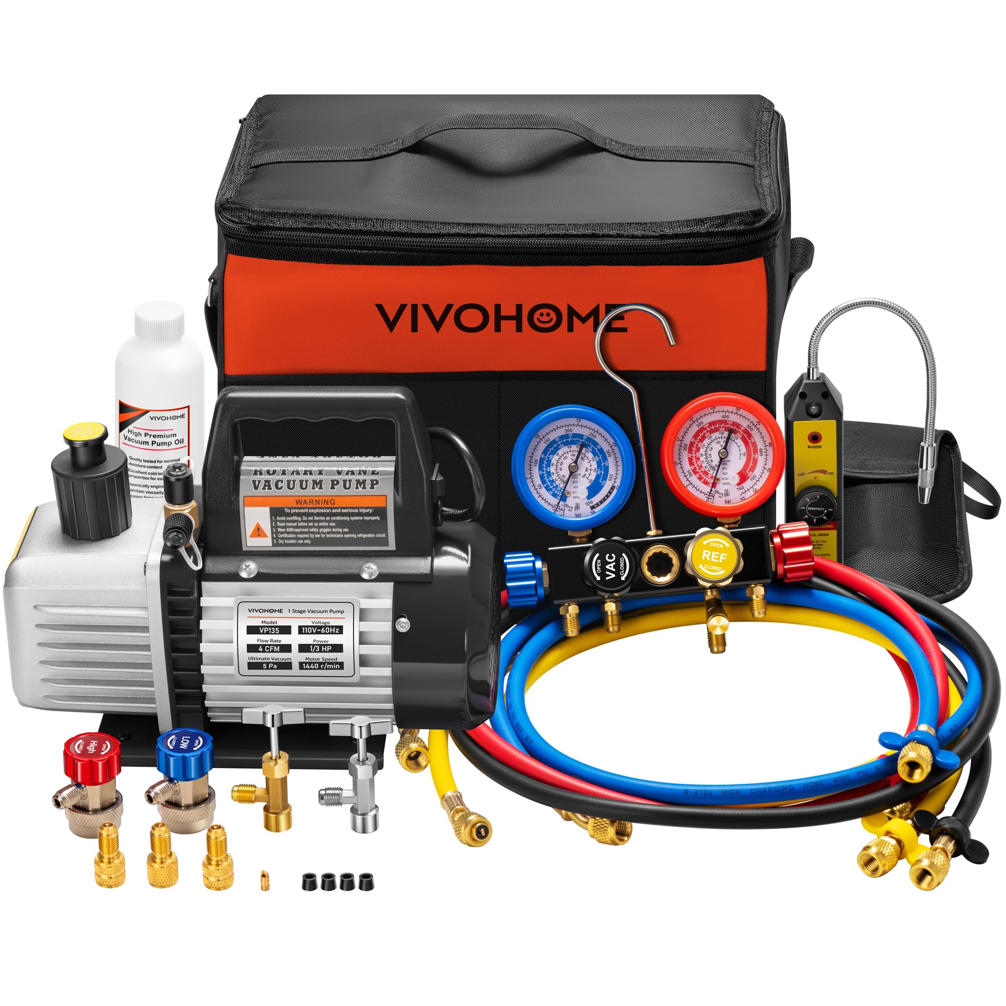 VIVOHOME Upgraded 4CFM 1/3 HP 1-Stage HVAC Vacuum Pump and 4 Way AC Manifold Gauge Set