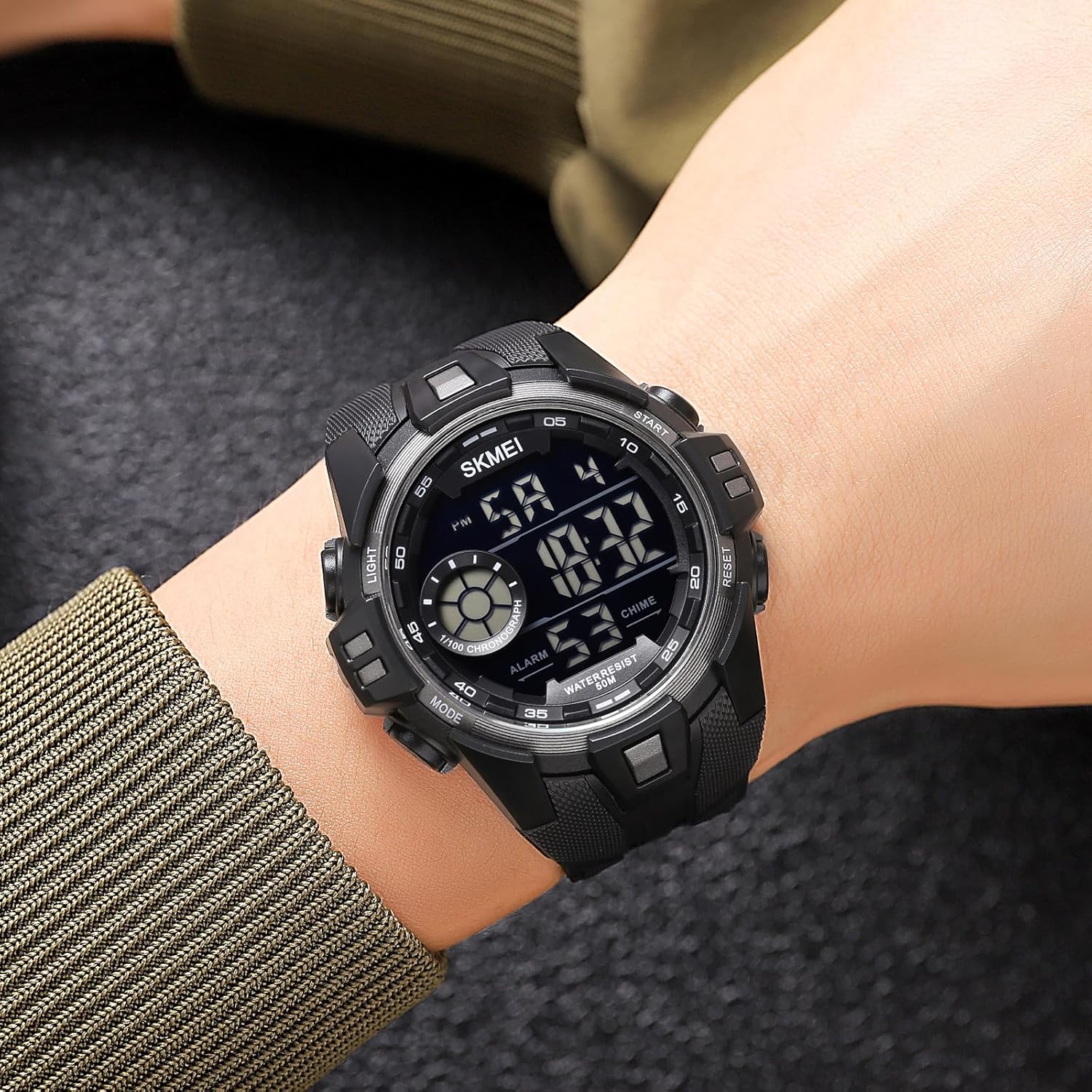 Mens Digital Multifunction EL Light Stopwatch Chronograph Outdoor Sports Watch 50M Waterproof Date Calendar Alarm Luminous Back Light Week Display Casual Lightweight Black Wristwatch