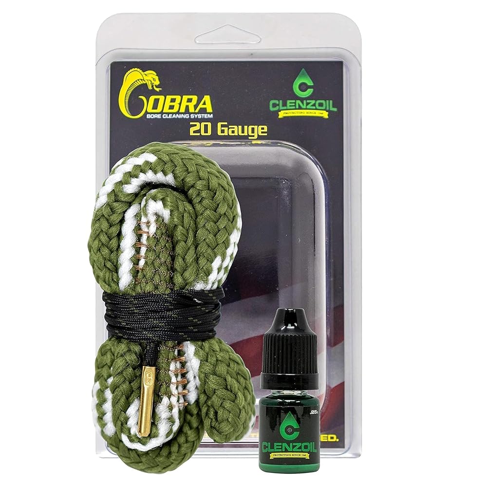 CLENZOIL Field & Range 20 Gauge Cobra Bore Cleaner | Gun Barrel Cleaning Tool Kit for 20 Ga. Shotgun | Brass Brush Embedded in Woven Barrel Rope | Includes CLP Gun Bore Cleaner Solution