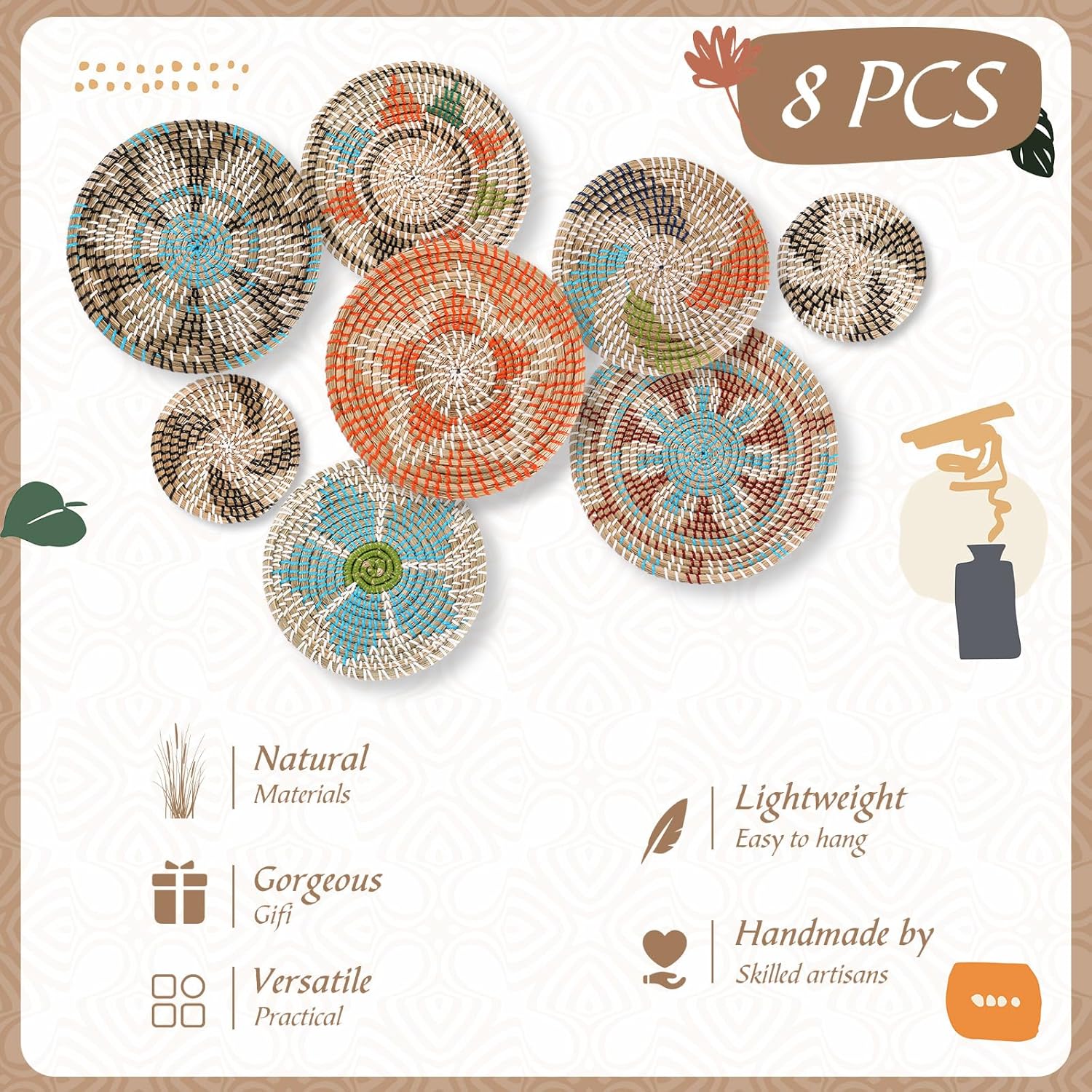 Ziliny Boho Wall Basket Decor Set of 8 Decorative Hanging Woven Basket Art Round Farmhouse African Woven Bowl Decor for Kitchen Rustic Home Summer Decorations, Multi Sizes(Colorful)