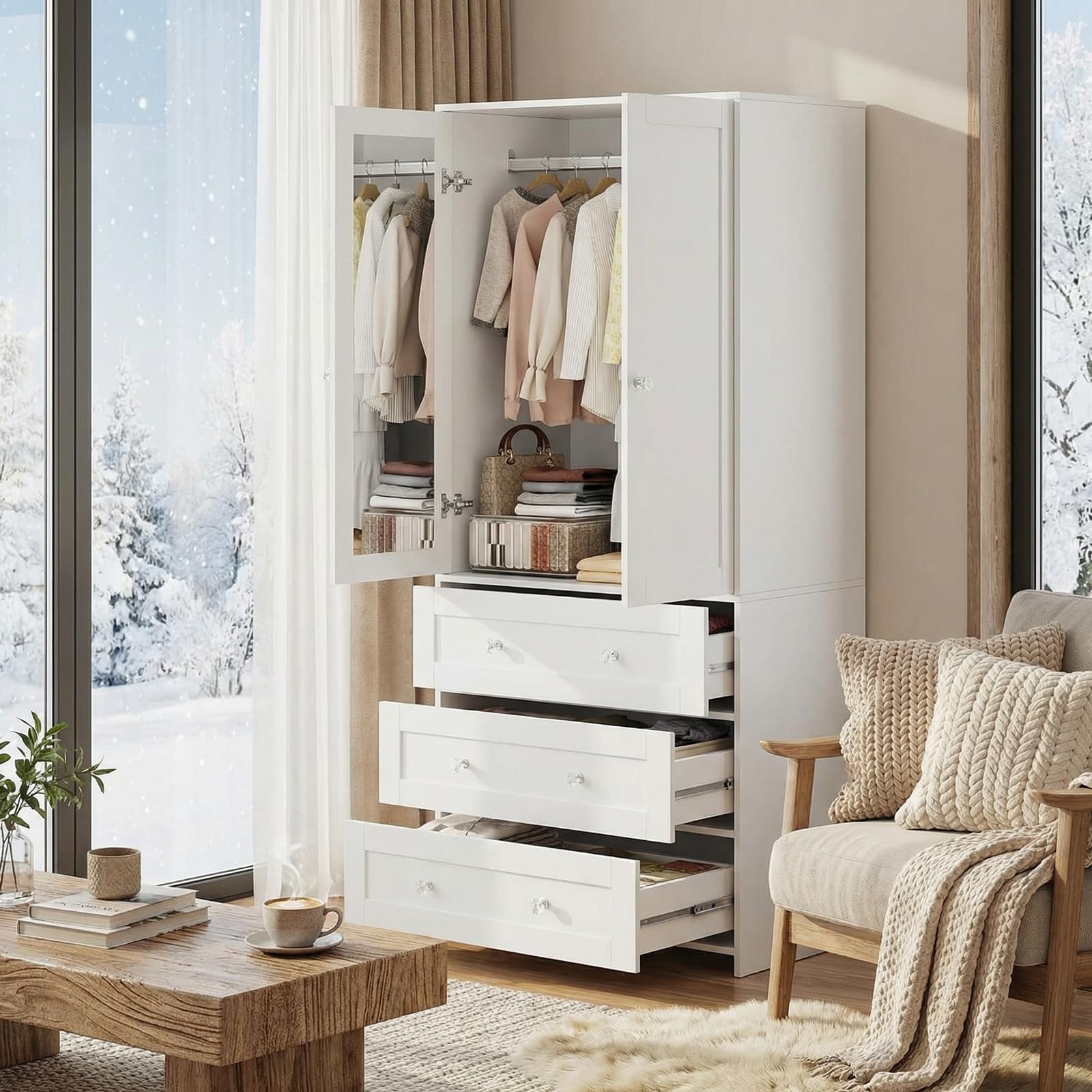 VOWNER Armadio Multiuso 2 Ante, Armadio Camera da Letto, Guardaroba 3 cassetti, Ante a Battente, 80 x 180 x 48 (L x A x P) cm, Legno ingegnerizzato, Bianco, per Camera, Corridoio