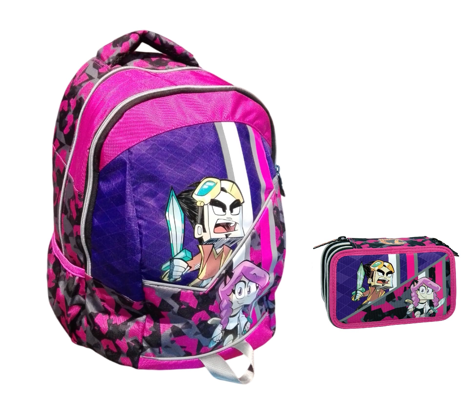 Zaino Scuola tondo Lyon WGF rosa viola per bambine ragazze scuola primaria - 2 Scomparti zip + astuccio 3 piani completo + Omaggio 7 Penne Scatto cancellabili e Portachiave paillettes