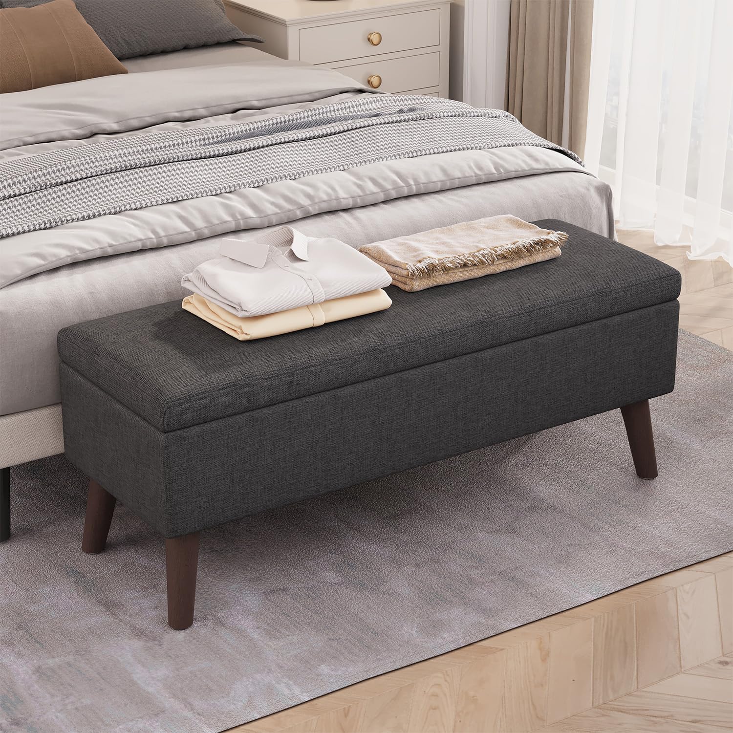 Banquette Coffre, Banc Bout de Lit en Lin, Gris