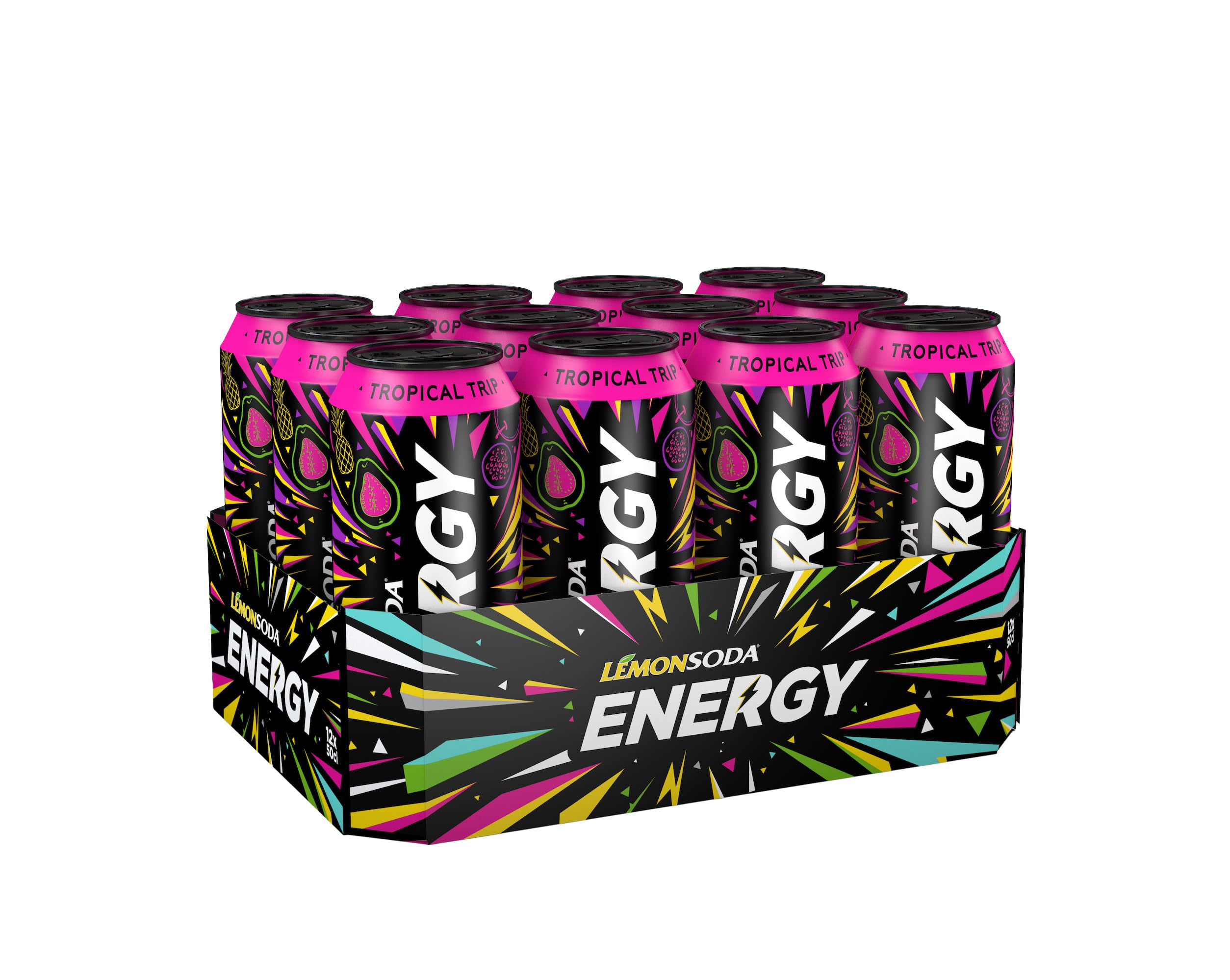Lemonsoda Energy | Tropical Trip, Energy Drink al Gusto di Frutta Tropicale, 12 Lattine da 50 cl, con Mix di Frutta, Vitamine e Caffeina (Confezione da 2)