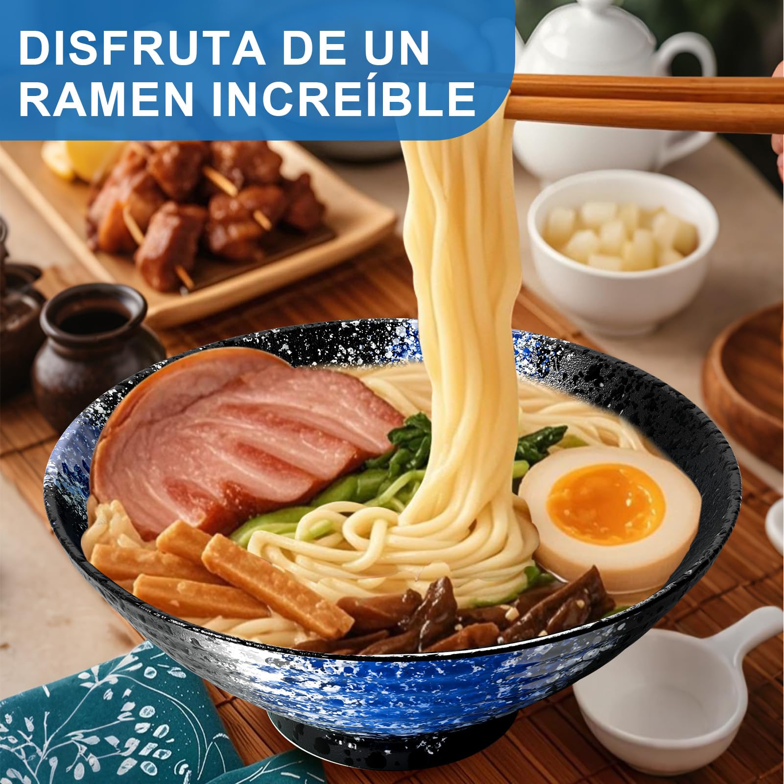8 Pulgadas Juego De 2 Tazones De Cerámica Para Ramen De(9 Piezas) - Tazones Grandes De Porcelana Para Ensaladas Fideos Cereales Con Recetas Palillos Tenedores Y Cucharas Para Apto Para Lavavajillas