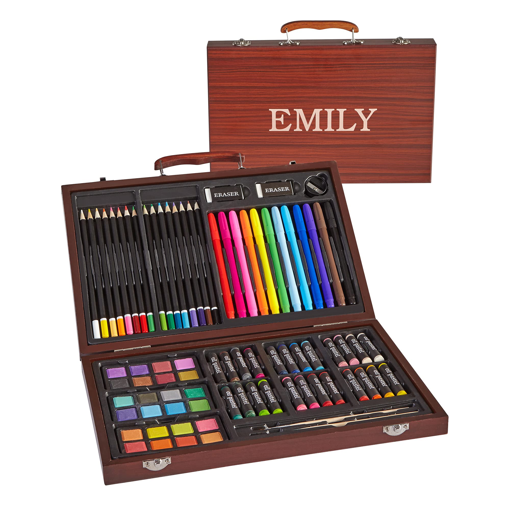 Let's Make Memories Personalized 80-Piece Deluxe Art Set - for Kids - Wood Carrying Case - Oil Crayons, Colored Pencils, Watercolors - Arts & Crafts -
