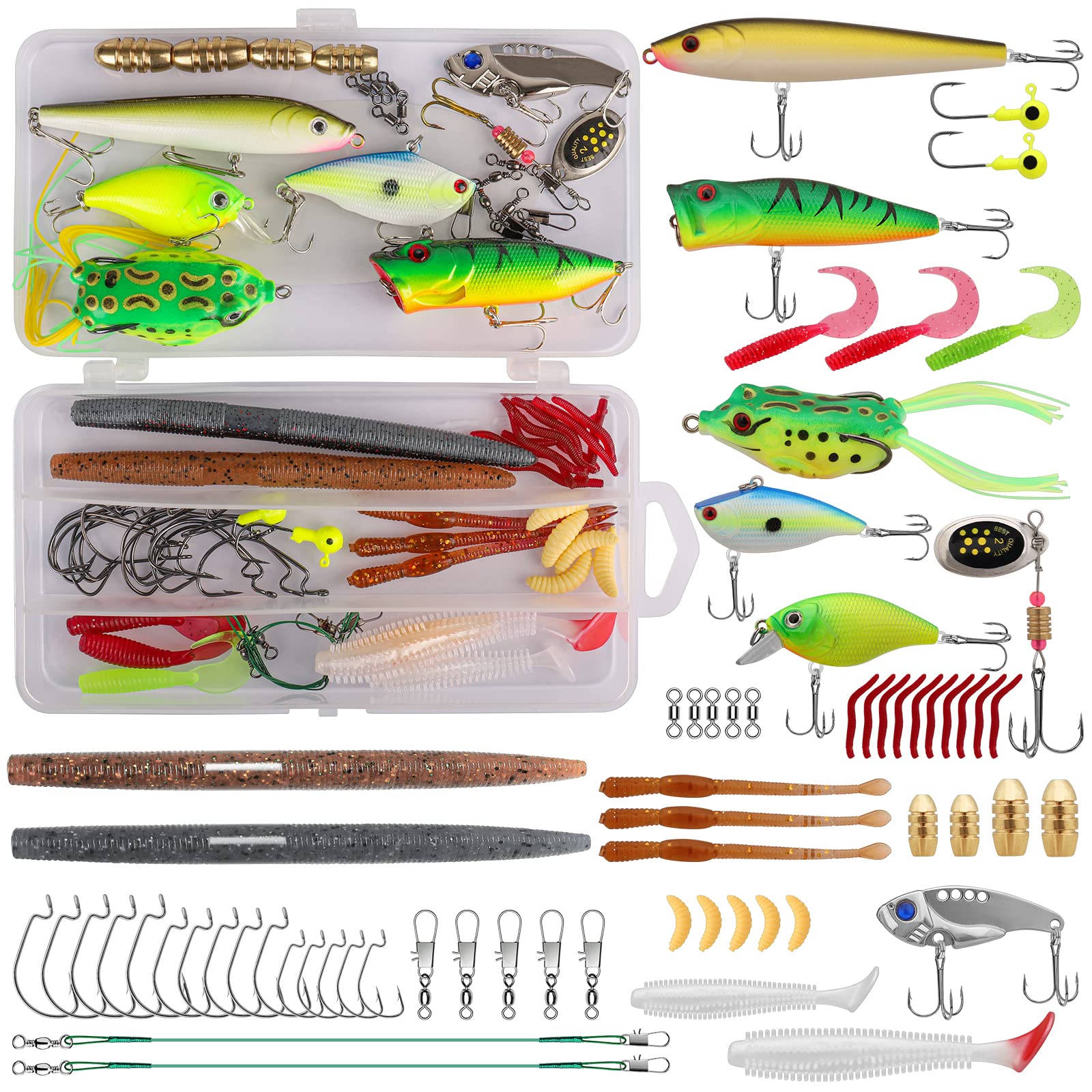 TRUSCEND Fishing Lures Kit with Advanced Waterproof Fishing Tackle Storage Box Including Fishing Hooks Soft Worms Crankbait Swimbait Spinner Jigs Frog Lure for Bass Trout Selmon Fishing Gifts for Men