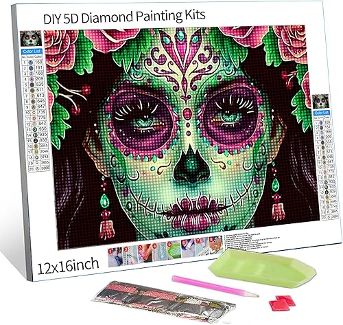 Miniatura 9 de Pintura de diamantes de calavera de azúcar 5D, kit de numeración de maquillaje de esqueleto de moda, arte de pared de rosa roja, arte de pared con