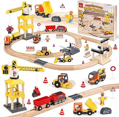 Lehoo Castle Juego de tren de madera, juguetes de construcción para niños de 2 a 4 años, pista de tren de madera para niños con grúa, juguetes de