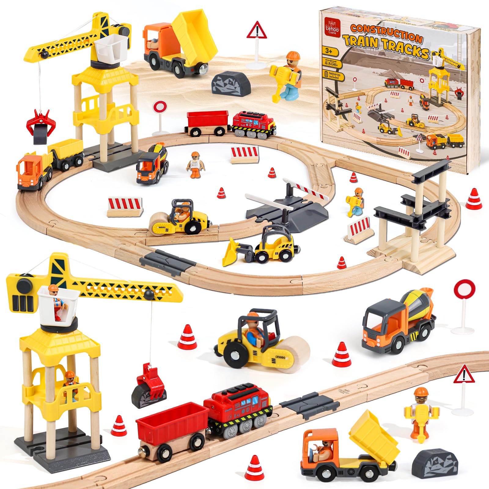 Lehoo Castle Wooden Train Set, Construction Toys with Crane, Electric Train, Excavator, STEM Toys for Kids 3-5, Toys for 3 4 5 6 Year Old Boys