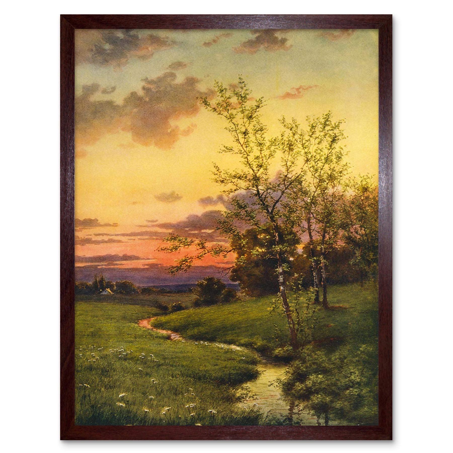 Wee Blue Coo Paintings Landscape Sunset Countryside Tree Art Print Framed Poster Wall Decor 12X16 Inch