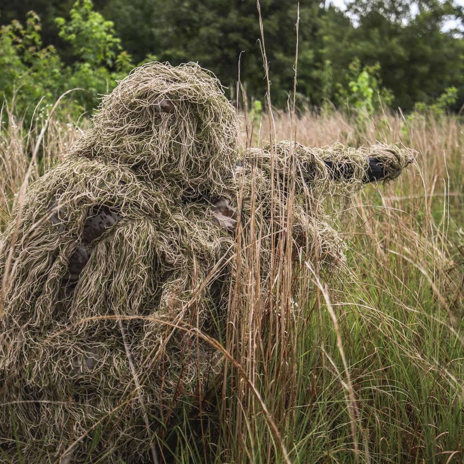 5-Teilige 3D Ghillie Suit Camouflage Jagdbekleidung Tarnanzug Herren Einschließlich Jacke,Hose,Kapuze,Tragetasche Jäger Kostüm für Unisex Erwachsene/Jugendliche,DryGrass-Kids
