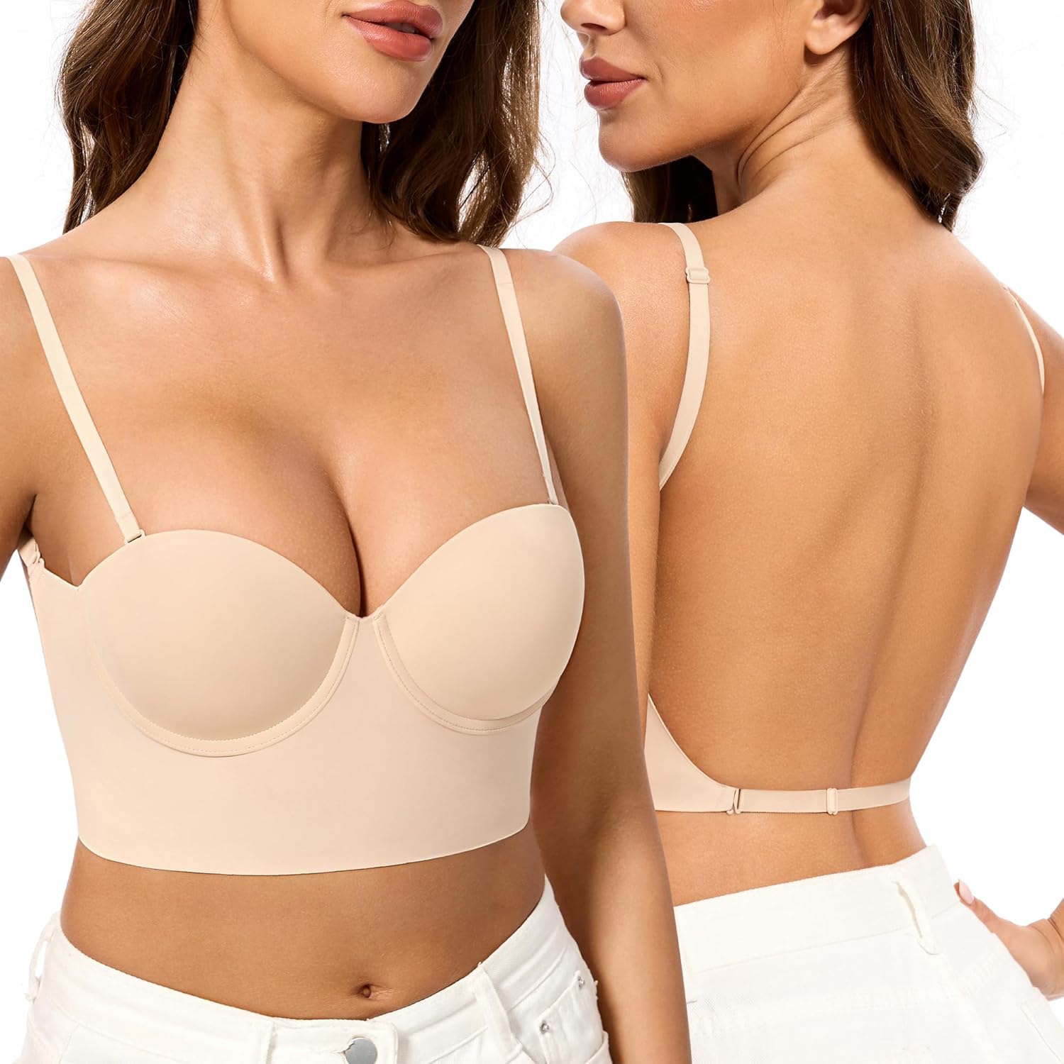 Low Back Bras for Women-Balconette Lightly Lined Seamless Invisible Backless Bra-Underwire Low Cut Multiway Halter Bras