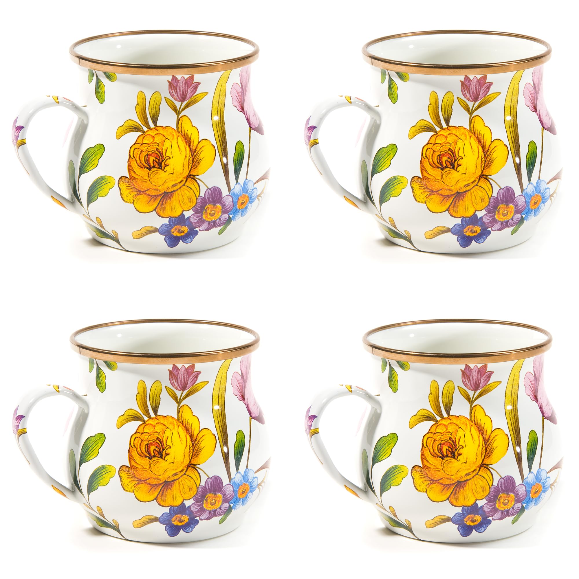 MACKENZIE-CHILDS Enamel Mug Cute Enamelware Coffee and Tea Mug Unique Drinkware 16 Ounces White Flower Market Set of