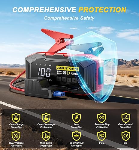 Miniatura 5 de Arrancador de salto con compresor de aire, batería portátil para automóvil (12 gasolinas10L diesel), 4000 A pico 160 PSI 12 V cargador de caja de