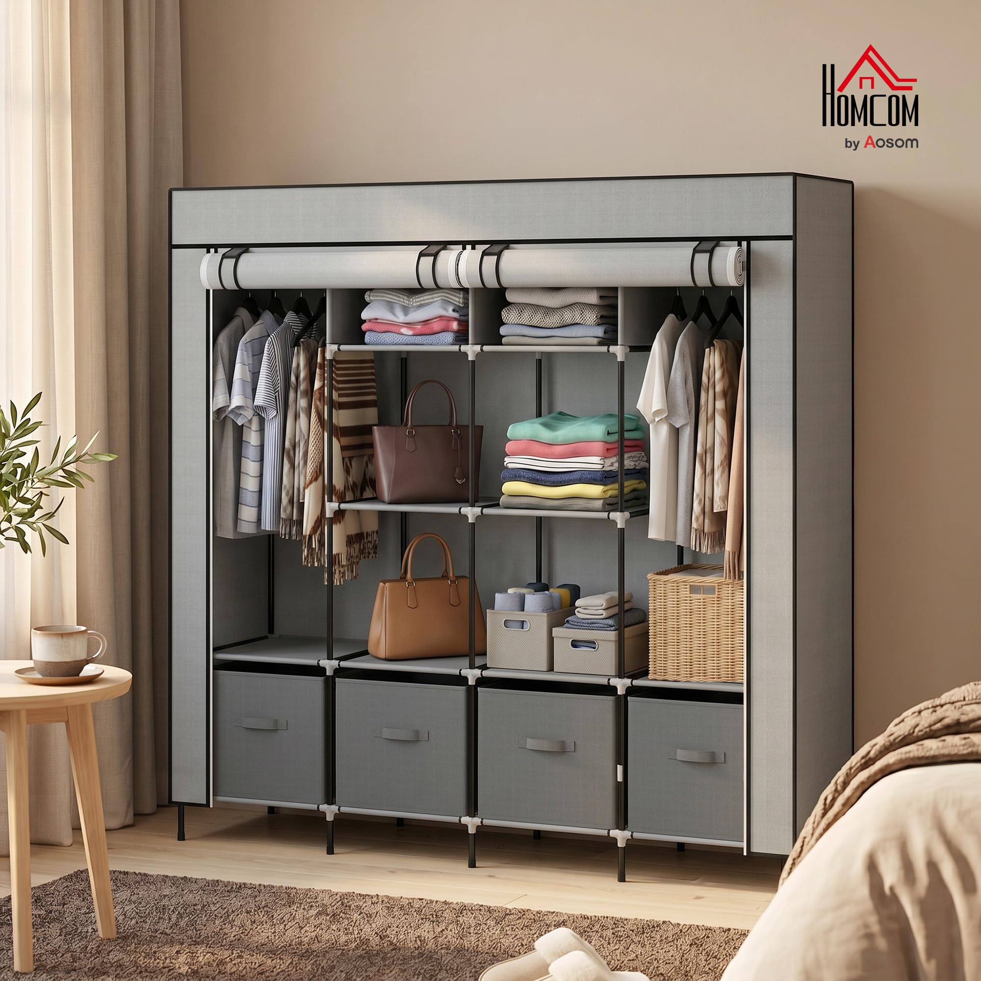 HOMCOM Armario de Tela para Dormitorio Armario Portátil con 10 Compartimentos 2 Rieles Colgantes y 4 Cajones de Tela 166x42,5x169,5 cm Gris Oscuro