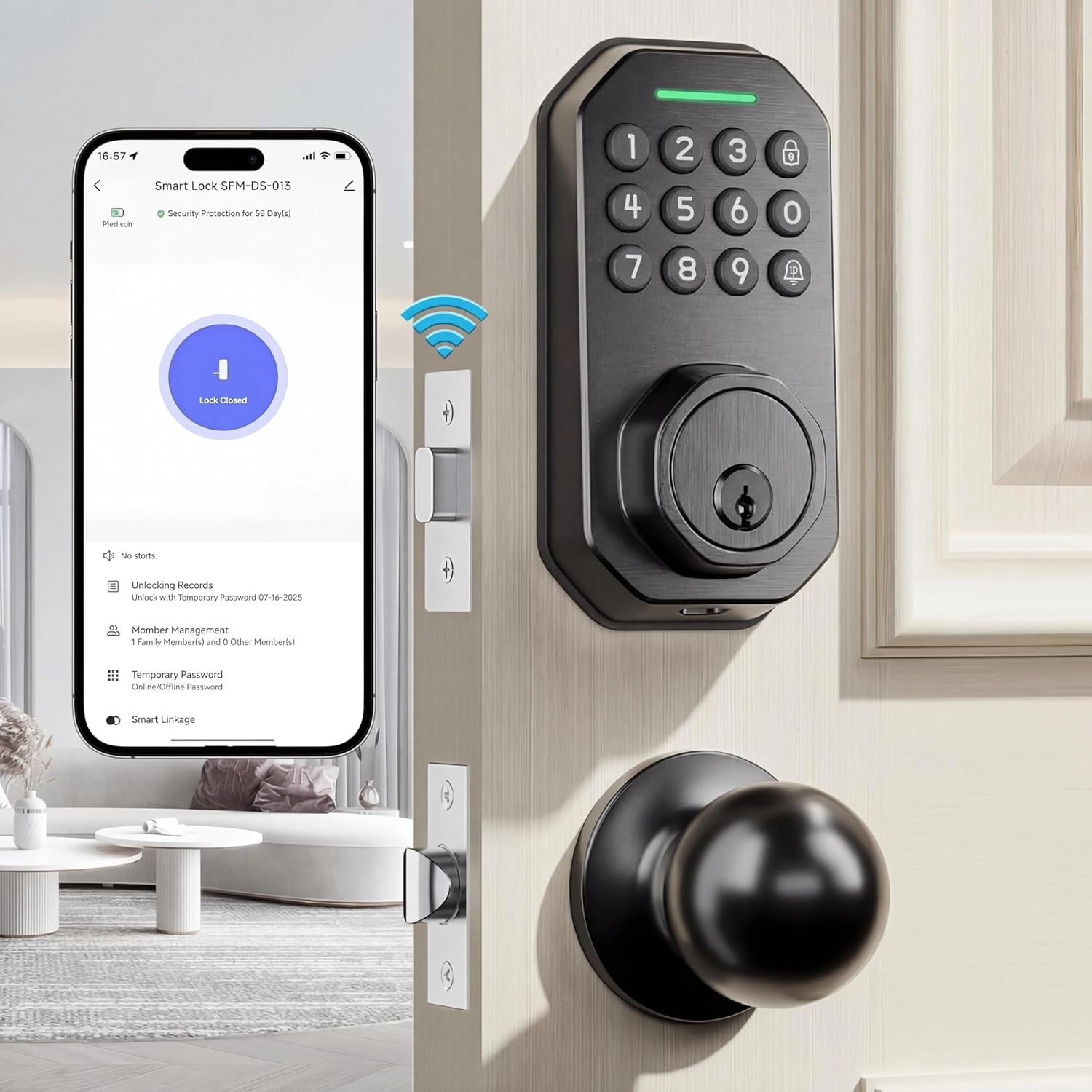 Keyless Entry Door Lock Set WiFi Smart App Control Door Lock for Front Door Keypad Deadbolt with 2 Knobs Auto Lock One Time Codes Easy Install, Black