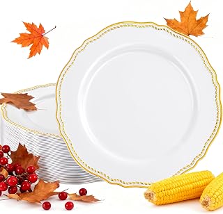 Hioasis 60pcs Gold Plastic Plates - White and Gold Disposable Dinnerware with Gold Rim, Heavy-duty, 10.25 inch, Dinner Plates for Party & Wedding