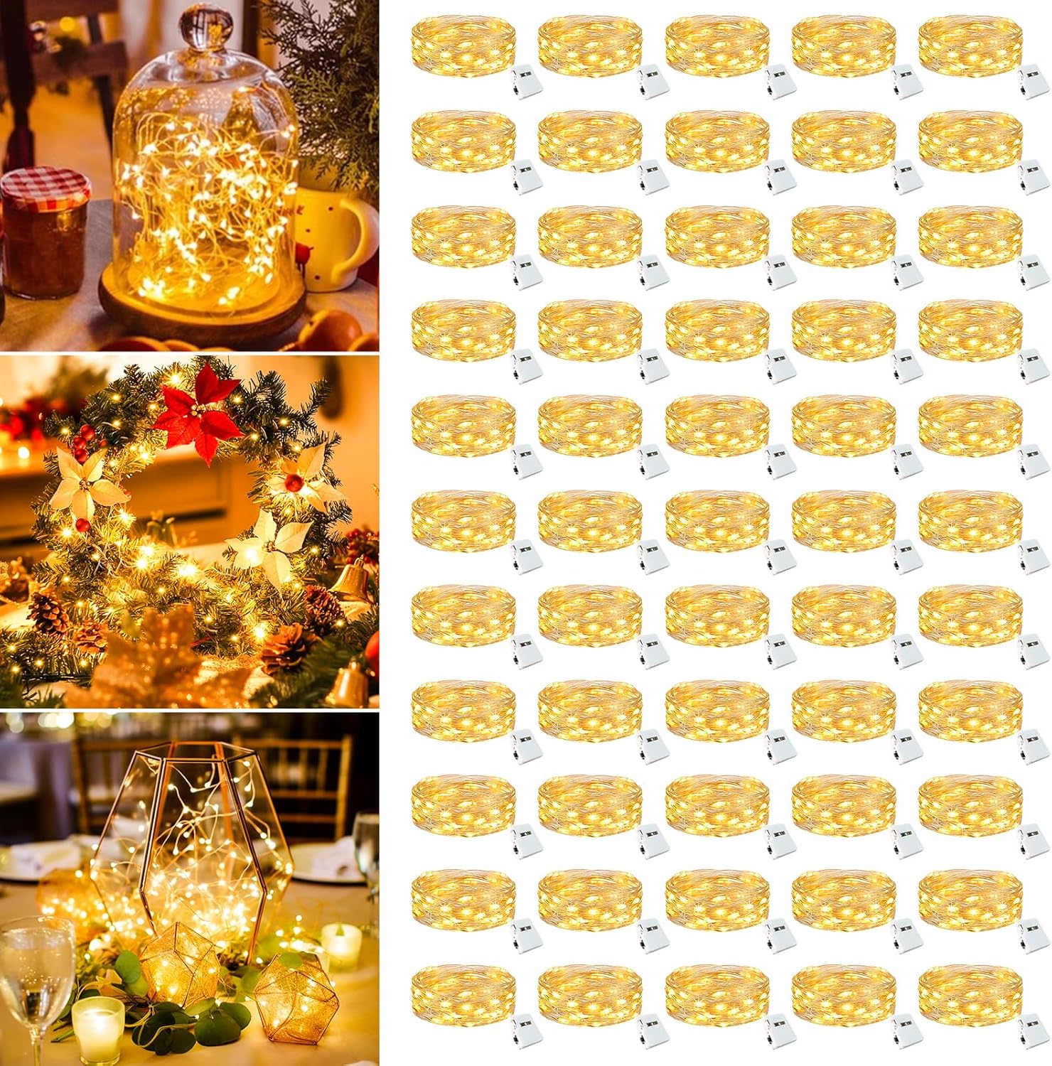 50 Pack Fairy Lights Battery Operated - 7ft 20 Led Small Twinkle Lights 3 Modes, Bulk Mini String Lights Waterproof for Mason Jars Vases Crafts Party Wedding Decoration Christmas -Warm White