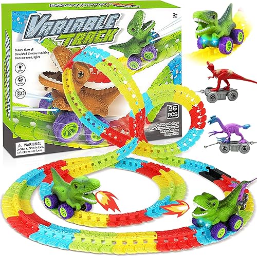Juego de 96 piezas de tren de dinosaurio, juguetes de dinosaurio, juguete de dinosaurio de juguete eléctrico de 360 con sonido y luces, juguetes de
