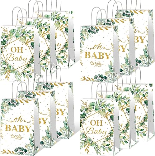 12 bolsas de regalo de fiesta Oh Baby de color verde salvia, bolsas de golosinas de hojas de eucalipto (4.7 x 3.1 x 7.9 pulgadas), bolsa de regalo