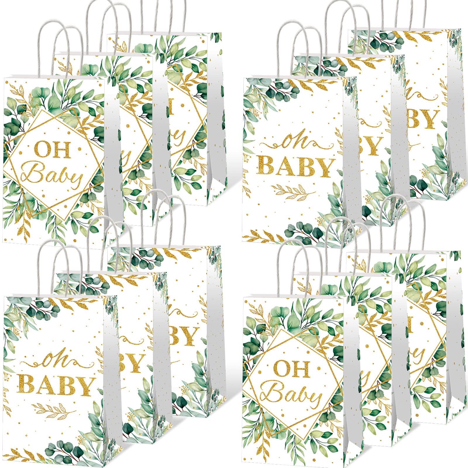 12pcs Oh Baby Party Favors Bags Sage Green Candy Treat Bags Eucalyptus Leaf (4.7×3.1×7.9 inches) Gold Foil Greenery Goodie Bag for Sage Boho Woodland Neutral Baby Shower Party Decorations Supplies